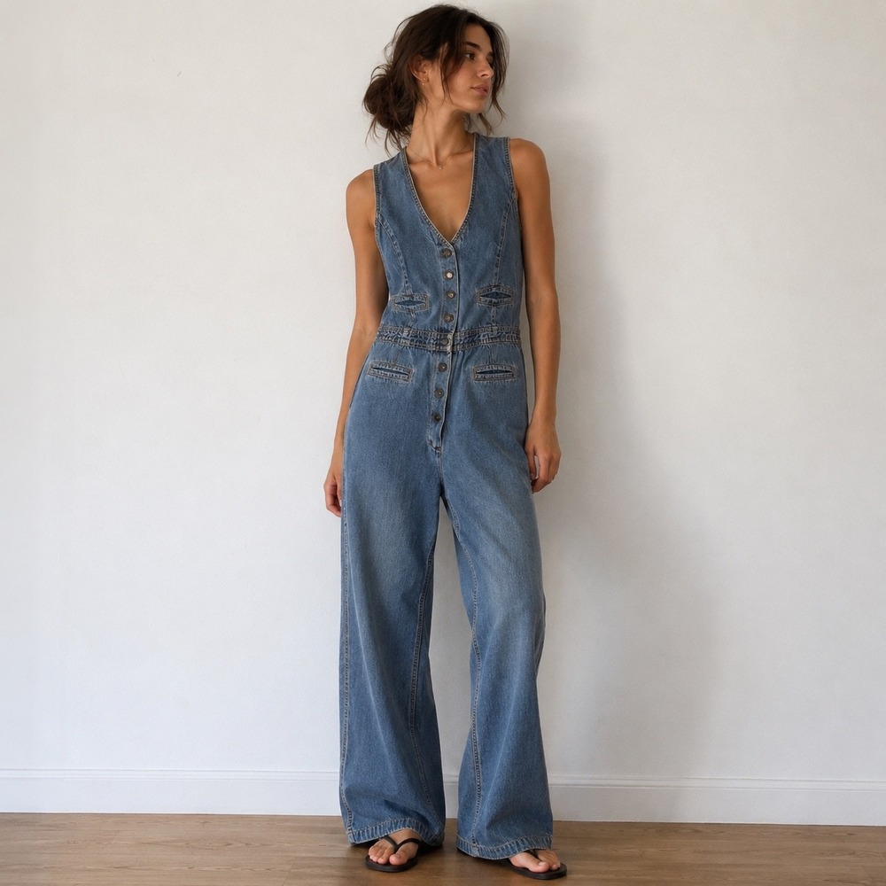 Vintage Moody's Goose Blue Denim Jumpsuit Wide Leg Button Front Small Boho 70s
